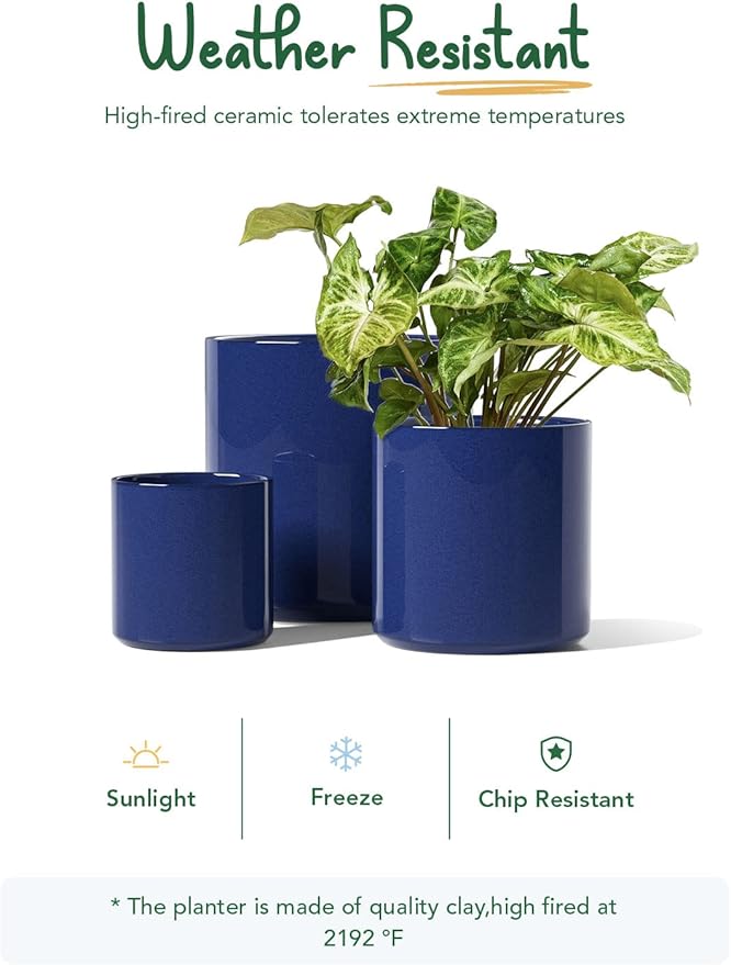 LE TAUCI Large Plant Pots Set, 10/8/6 Inch Ceramic Planters for Indoor Plants, Mid-Century Modern Flower Planter Pots with Drainage Hole and Plug, Cylinder Round Planter Pots, Set of 3, Sapphire Blue