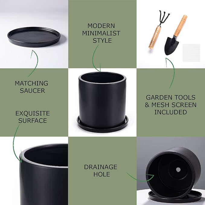 Plant Pots 10 Inch Ceramic Planter with Drainage Hole and Saucer, Matte Black Modern Cylinder Planter Pot for Indoor Outdoor Plants Flowers, Full Glazed Finish