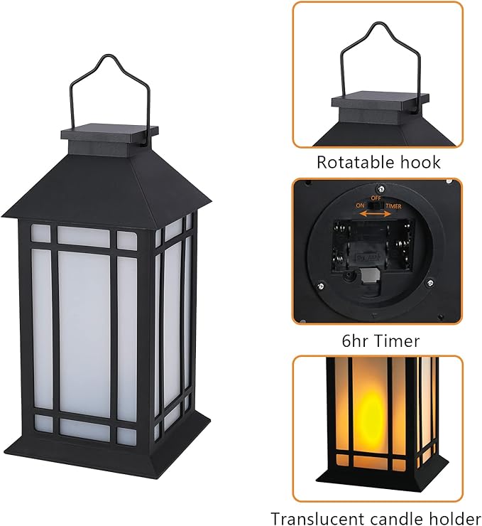 13-Inch IP65 Waterproof Battery-Powered Outdoor Lantern with Led Flameless Candle and 6-Hour Timer - Decorative Lantern for Patio & Garden(2 Pack)