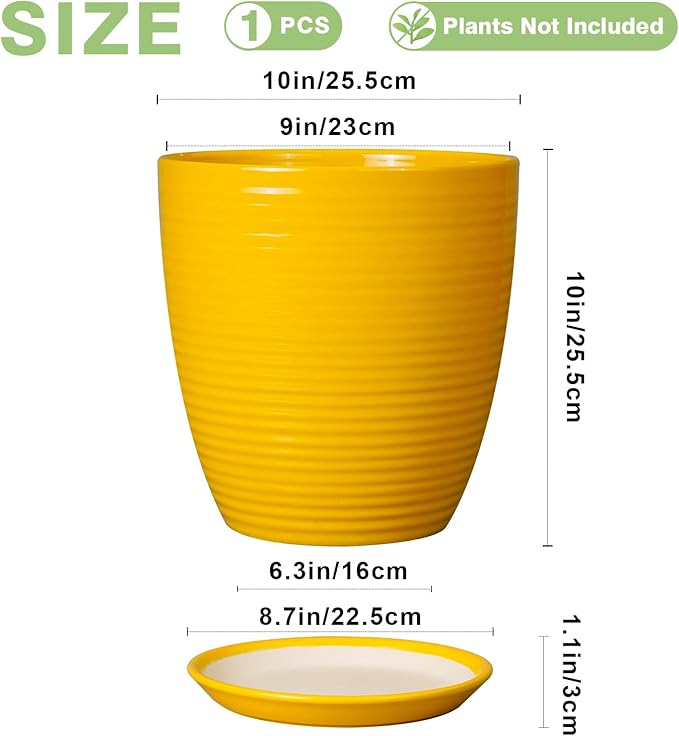 10 Inch Plant Pot - Ceramic Pot for Plants Outdoor Planter for Indoor Plants Large Plant Pot with Drainage Hole and Saucer Round Flower Pot for Home Patio Office Yellow