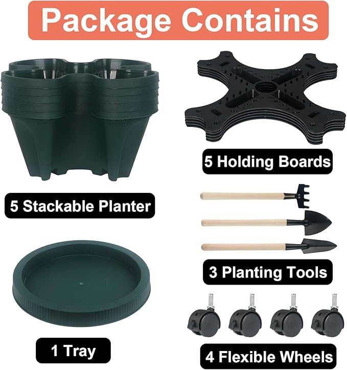 Vertical Planter 5 Tier Stackable Planters Garden Planters Strawberry Herb Flower and Vegetable Planter Indoor Outdoor Gardening Pots with Removable Wheels and Tools 2-Pack