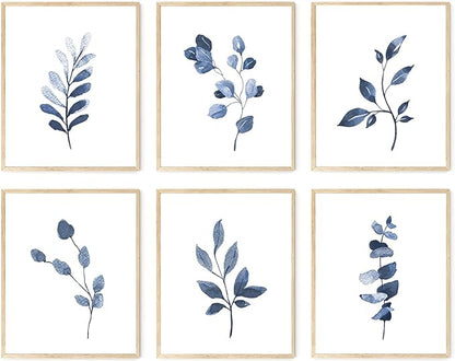 Navy Blue Botanical Wall Art Set of 6 Unframed, Minimalist Abstract Botanical by KBKBART
