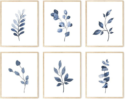 Navy Blue Botanical Wall Art Set of 6 Unframed, Minimalist Abstract Botanical by KBKBART