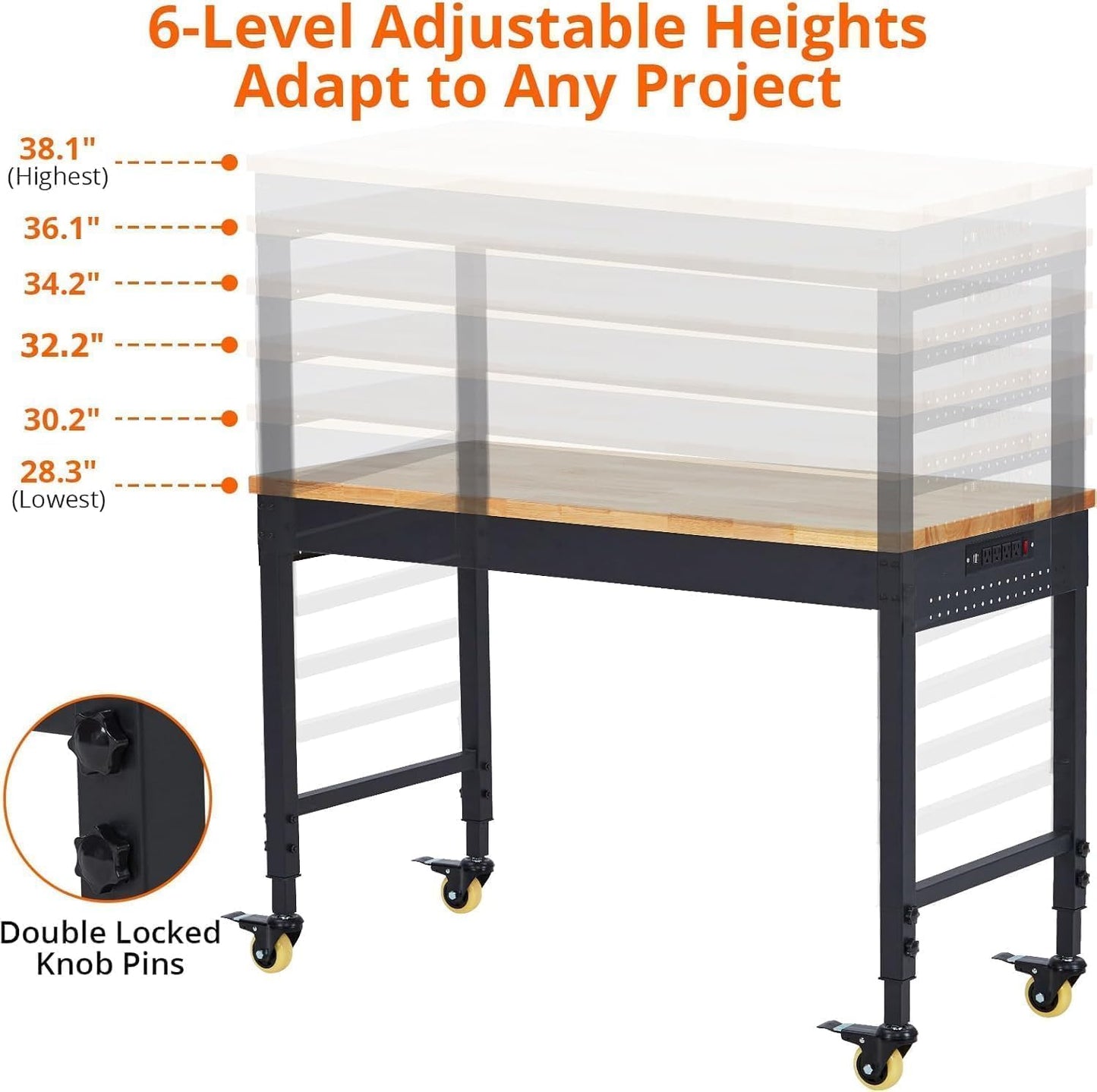 48x24 Inch Garage Workbench with Wheels, Adjustable Rubber Wood Top Garage Workbench with Power Outlet, 2000 Lbs Load Capacity for Workshop, Woodworking, Office
