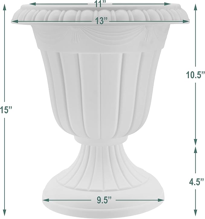 PL10BK Classic Traditional Plastic Urn Planter Indoor/Outdoor, 15" x 13", Black