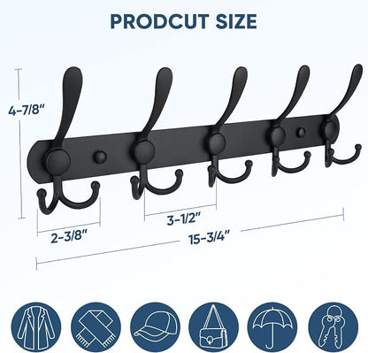 TICONN Wall Mounted Coat Rack, Five Heavy Duty Tri Hooks All Metal Construction - Image 2