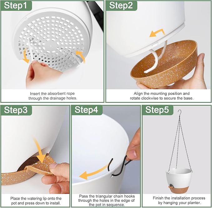 10/9/8 Inch Hanging Planter for Indoor Outdoor Plants, 3 Pack Self-Watering Hanging Pot with Drainage Holes Hanging Planter Baskets Plant Pots with Removable Tray (White+Brown)