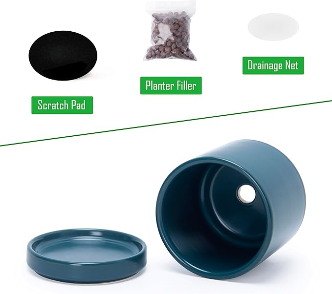 D'vine Dev 3.5 Inch & 4.7 Inch Ceramic Planter Pots for Plants with Drainage Hole and Saucer, X-Small Plant Pots Set, Teal, 94-G-XS-9