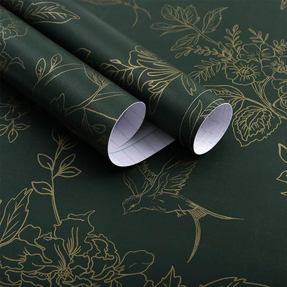 Froluya Dark Green and Gold Wallpaper Floral Peel and Stick Wallpaper by Froluya