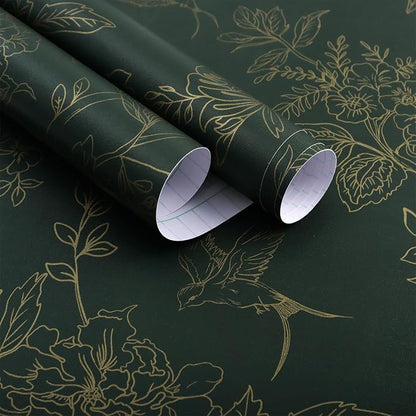 Froluya Dark Green and Gold Wallpaper Floral Peel and Stick Wallpaper by Froluya