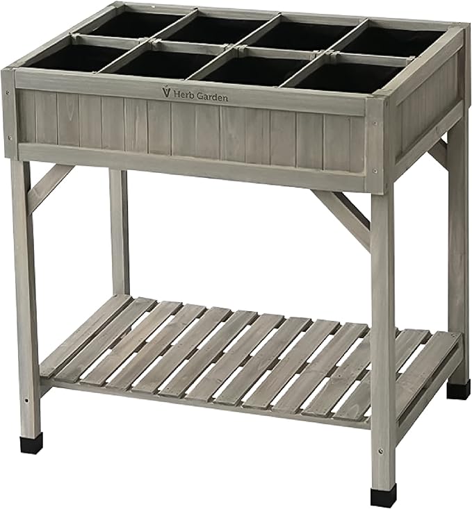 VegTrug 8 Pocket Herb Garden, Wooden Herb Planter with Herb Snips, Gray Wash