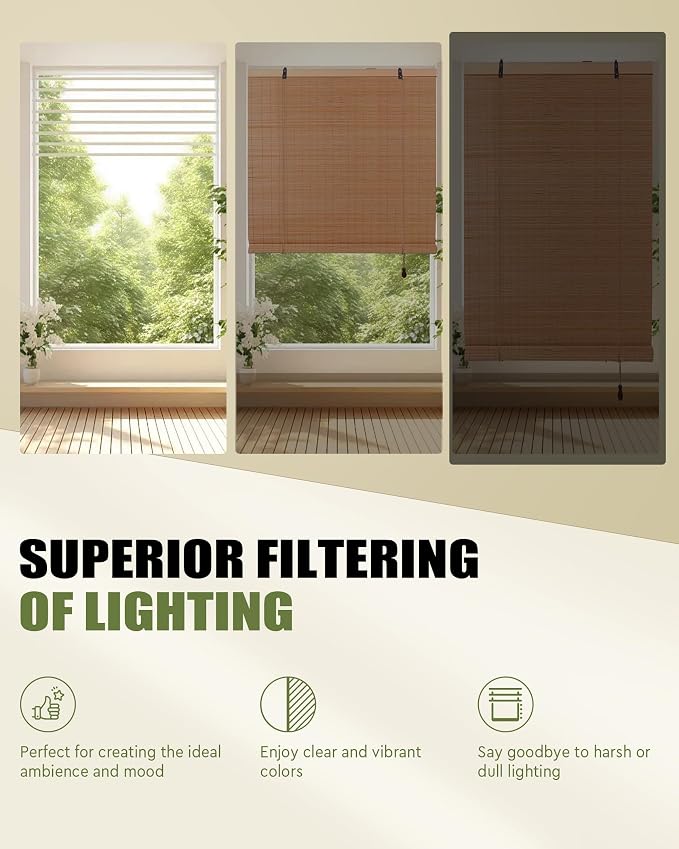 FoundGo Retro Bamboo Blinds 35" W x 64" H Bamboo Roman Shades Light Filtering - Image 2
