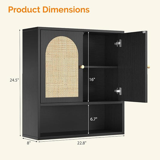 VINGLI Black Rattan Medicine Cabinet Wall Mounted, Arched Modern Farmhouse - Image 2