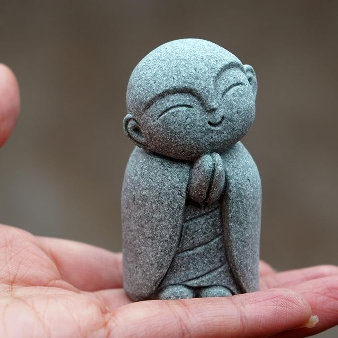 OwMell Japanese Jizo Monk Statue Praying, Buddha Jizo Statue Figurine Memorial Statue Aquarium Decoration for Garden Outdoor Ornament 2.6" - Tilting Head