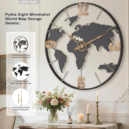 Pytha Sight 24 Inch Large Wall Clock, Modern Decorative Big World Map - Image 2