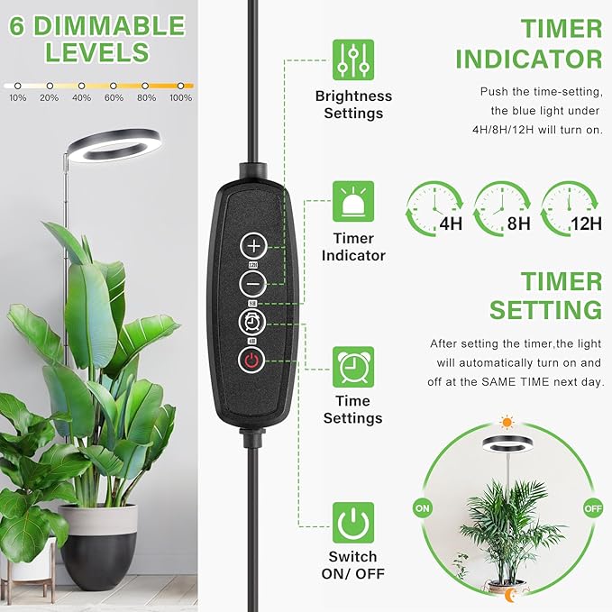 LORDEM Grow Light for Indoor Plants, 7.9" Full Spectrum LED Plant Grow Light, Height Adjustable Growing Lamp with Auto Timer 4H/8H/12H, 6 Dimmable Levels, Black, 1 Pack