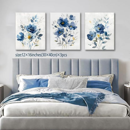 KISSFOX Framed Colorful Wildflower Blue Canvas Wall Art Set Of 3 Flowers - Image 4