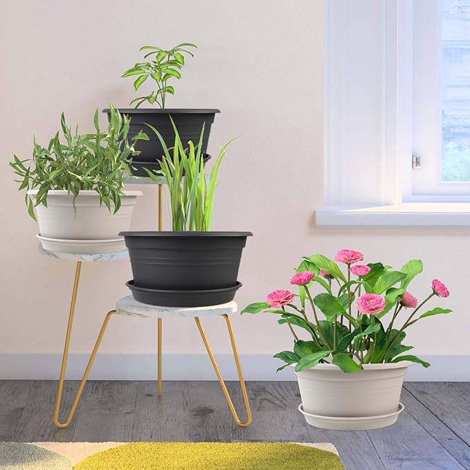 Large 4 Pack13 inch Plant Pots, Round Plastic Pots for Plants, Outdoor Planters with Drainage Hole & Tray Saucer, Decoration Large Flower Pots for Indoor Outdoor Garden Home Plants (White)