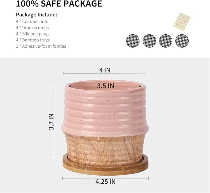 OMAYKEY 4 Inch Ceramic Plant Pot with Saucer, Water Transfer Printing Grain Planters Pots with Drainage Hole & Mesh Pads for Succulent, Indoor Flowers, Snake Plants, Cactus, Herbs, Set of 4