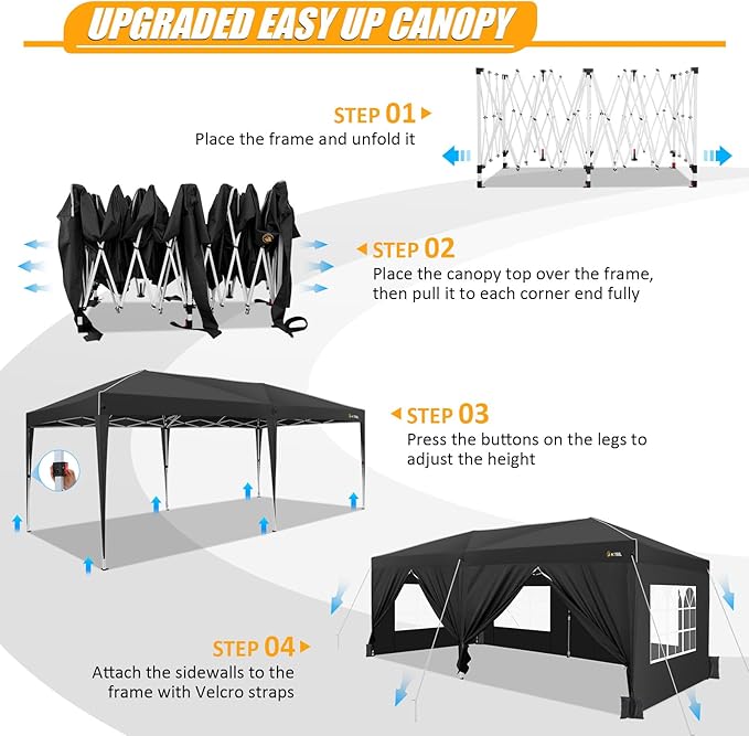 HOTEEL 10x20 Pop up Canopy with 6 Sidewalls, One Push Instant Setup Outdoor Canopy Tent with Reinforce Rod, Weight Bag, for Parties, Events, Black
