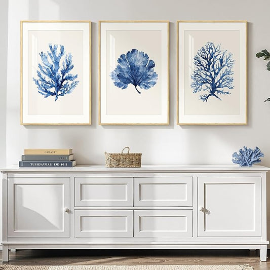 Framed Coastal Coral Wall Art for Living Room, Large Navy Blue Watercolor Coral - Image 2