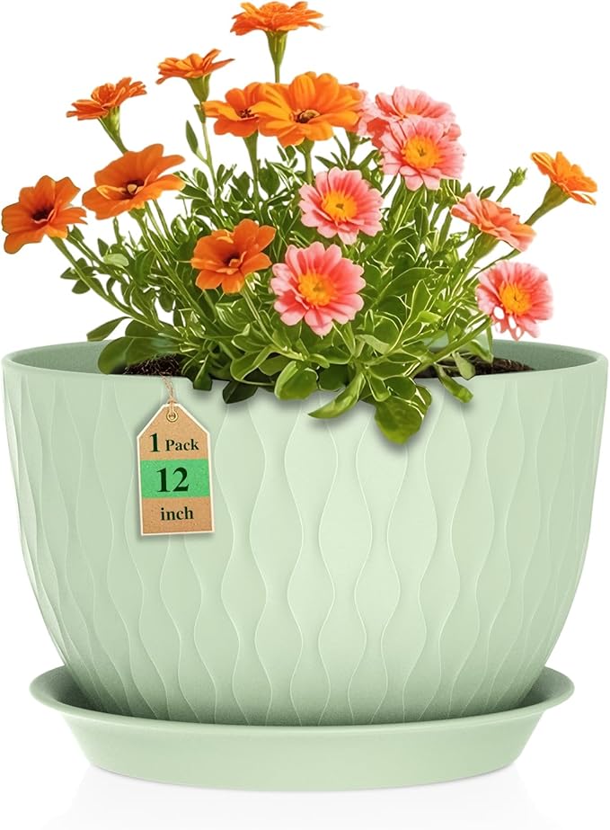 12 Inch Large Plant Pots for Indoor or Outdoor Plants, Wide Water Ripples Flower Pots with Drainage Holes & Saucer, Plastic Planters Set for Garden & Home Decor (Green)