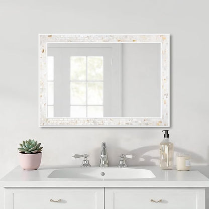 Mosaic Mirrors for Wall 20x28 Inch, Natural Mother of Pearl Inlay White Framed - Image 5