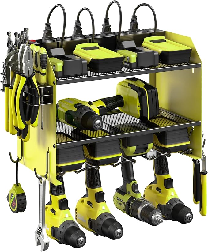 CCCEI Set Power Tool Organizer Wall Mount with Charging Station. Garage 4 Drill Storage Shelf with Hooks, Heavy Duty Metal Tool Battery Charger Organizer. Shop Utility Rack with Power Strip Green.