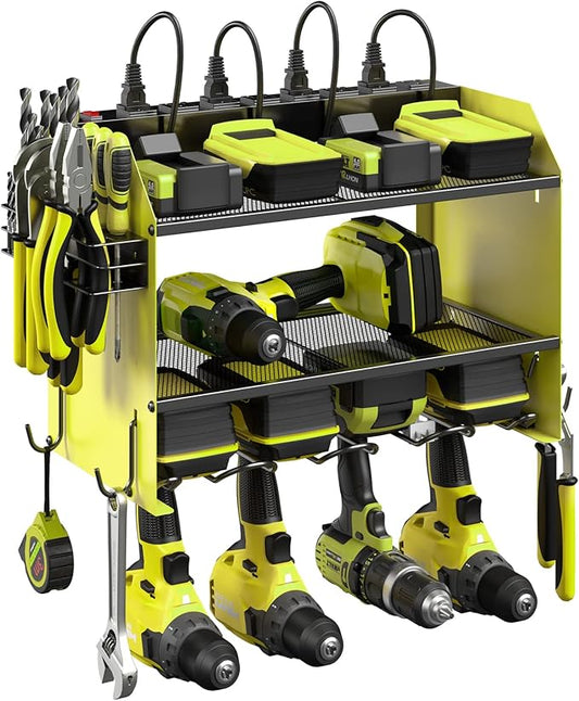 CCCEI Set Power Tool Organizer Wall Mount with Charging Station. Garage 4 Drill Storage Shelf with Hooks, Heavy Duty Metal Tool Battery Charger Organizer. Shop Utility Rack with Power Strip Green.