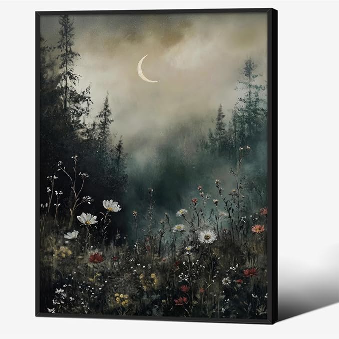 Dark Flower Field Poster Vintage Moody Academia Wall Art 08x10 inch Black by rumlud