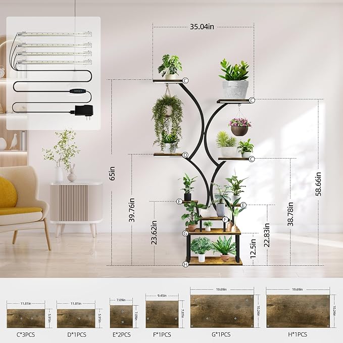 Plant Stand with Grow Lights, 9 Tiered Indoor Plant Shelf, 65” Tall Plant Holder for Indoor Plants Multiple, S-Shaped Metal Corner Plant Rack with Hanger for Home, Patio