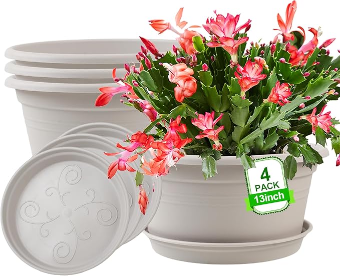 Large 4 Pack13 inch Plant Pots, Round Plastic Pots for Plants, Outdoor Planters with Drainage Hole & Tray Saucer, Decoration Large Flower Pots for Indoor Outdoor Garden Home Plants (White)