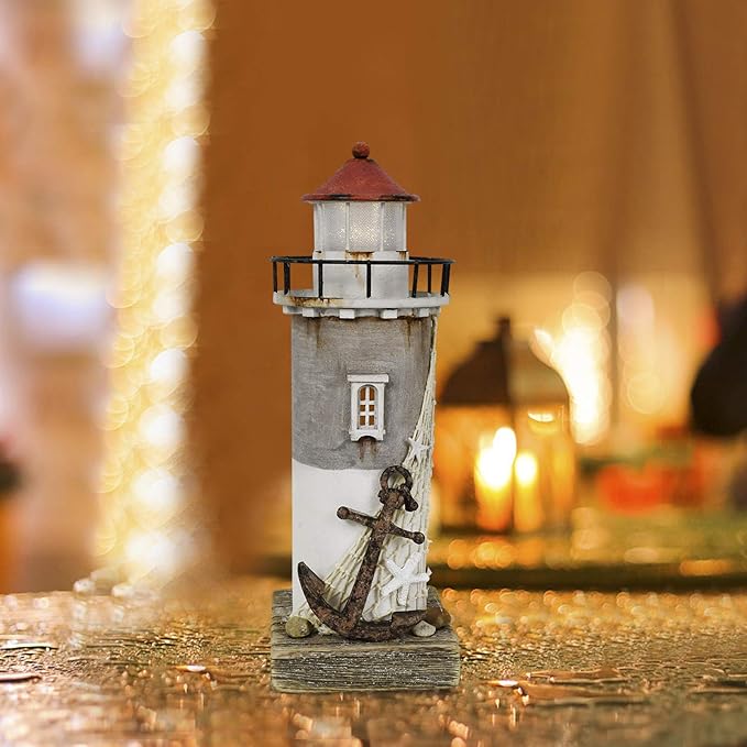 Wooden Lighthouse With Light - Rustic Nautical Ocean Sea Beach Themed Decoration, Handcrafted Tabletop Home and Bathroom Decor (11.4"H)
