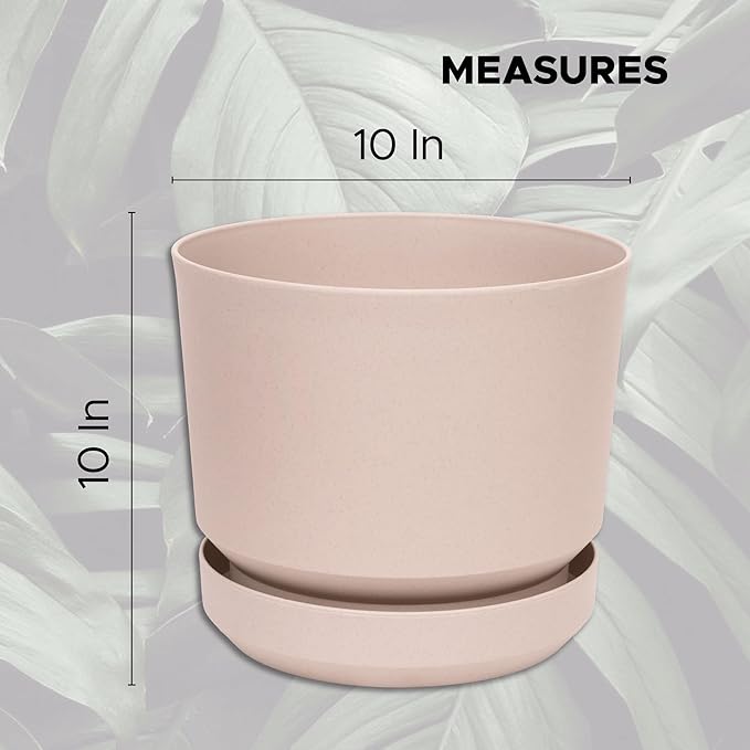 Elly Décor 10 inch Plastic Cylinder Planter Pot with Self-Watering Saucer and Drainage Hole,Lightweight & Extremely Durable, 10"x 10", Ivory