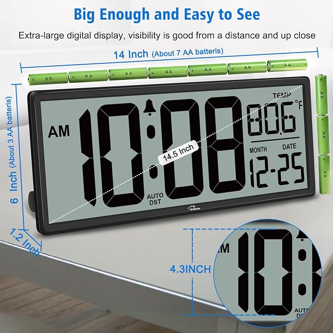 WallarGe Backlight Digital Wall Clock Battery Operated - - Image 8