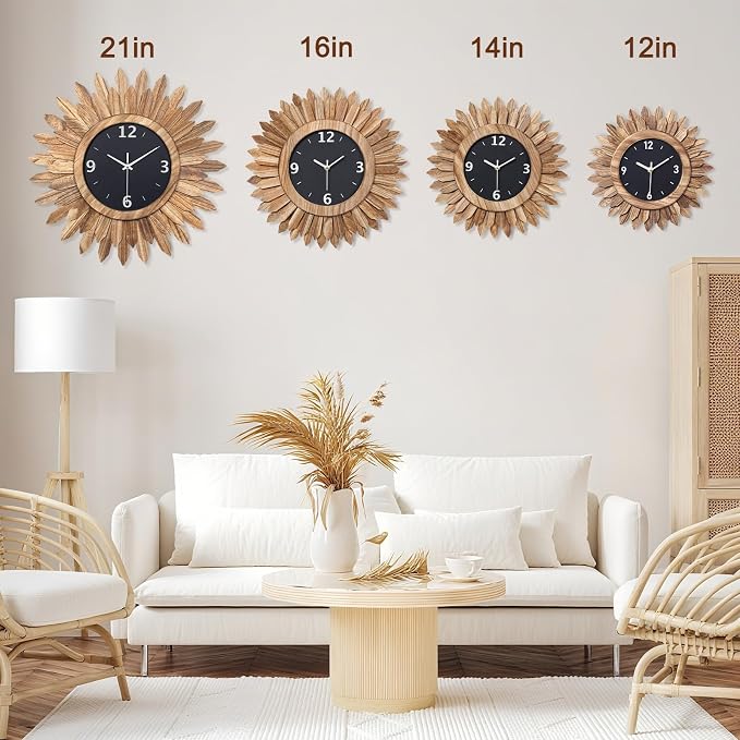 Honiway 14 Inch Wall Clock, Rustic Wood Boho Sunburst Decorative Wall Clocks - Image 2