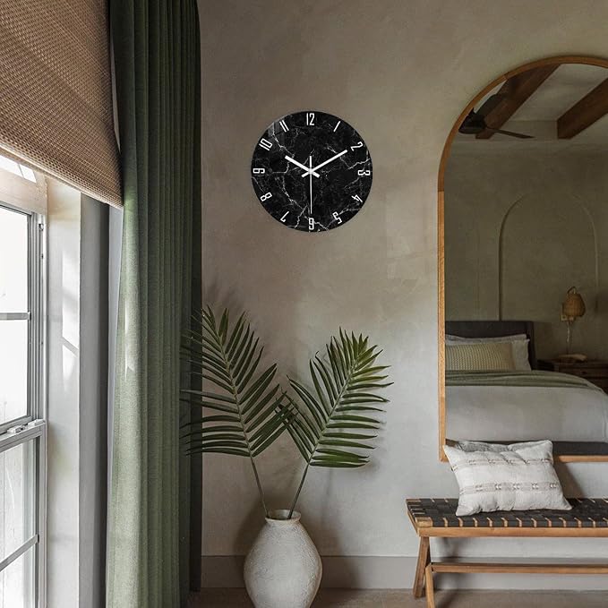 Marble Minimalist Wall Clock for Living Room Black Wall Clocks Battery Operated - Image 4