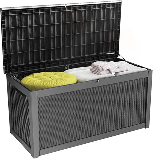 100 Gallon Resin Deck Box, Waterproof Outdoor Storage Bin for Patio Furniture, Pool Accessories, and Garden Tools, Lockable & UV-Resistant, Black