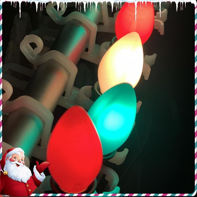 Red Green White LED Christmas Lights, 25FT Waterproof C9 Multicolor Outdoor With 26 Shatterproof Bulbs, Commercial Hanging for Roof Patio Balcony Party Xmas Decor