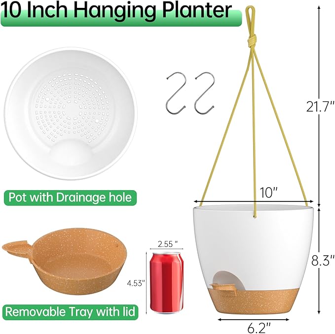 ZMTECH 10 Inch Hanging Planters for Indoor Outdoor Plants, 2 Pack Self Watering Hanging Plant Pots with Drainage Holes and Removable Saucer, Plastic Flower Hanging Pots with Watering Lip (White)