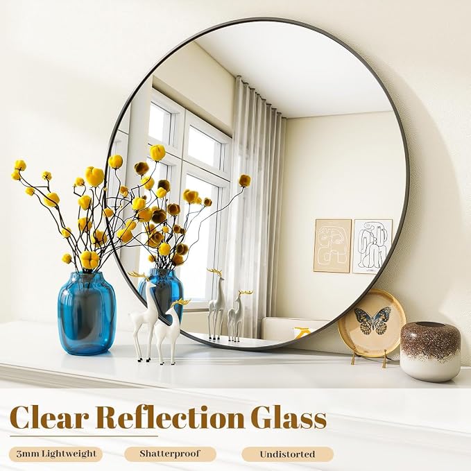 VooBang Black Round Bathroom Mirror, 20 inch Circle Wall Mounted Hanging Mirror - Image 4
