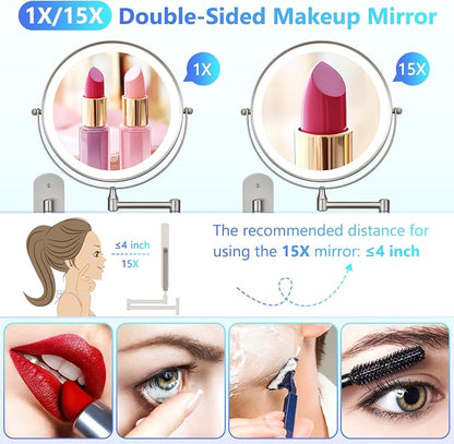 ALHAKIN 9" Wall Mounted Lighted Makeup Mirror, Rechargeable 1X/15X Magnifying - Image 4