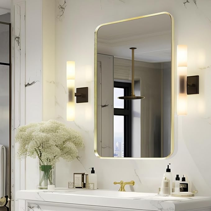 Wall Mount Mirror for Bathroom, Brushed Gold Metal Framed Rounded Corner by Minuover