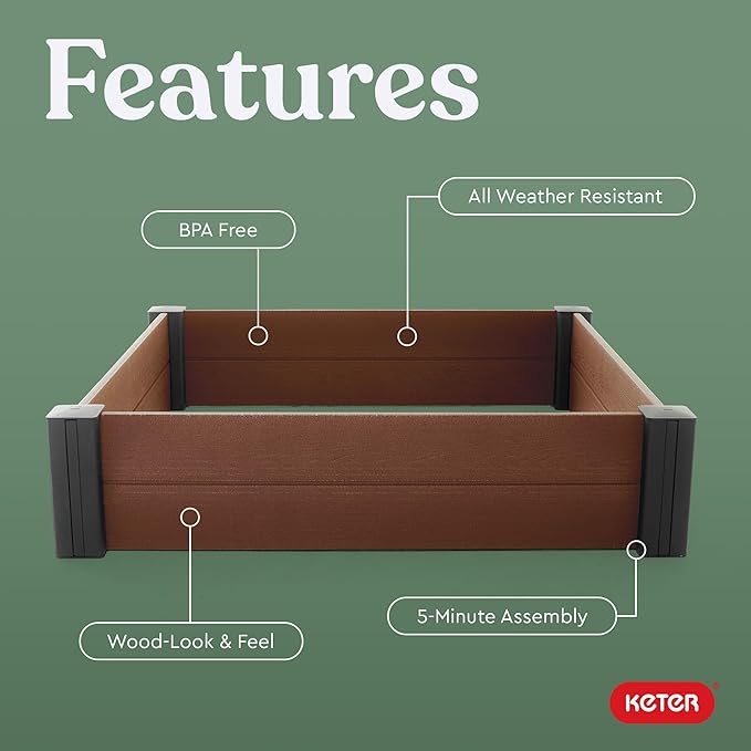 Keter 48" X 48" inches Wood Look Raised Garden Bed, Durable Outdoor Herb Garden Planter for Vegetables, Flowers, and Succulents, Brown