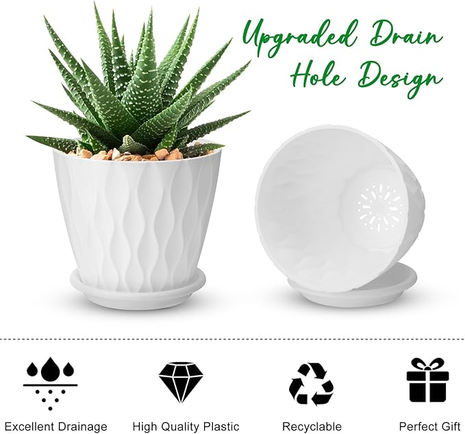 4 inch Plant Pots, 5 Pack Flower Pots Outdoor Indoor, Planters with Drainage Holes and Tray Saucers（White）
