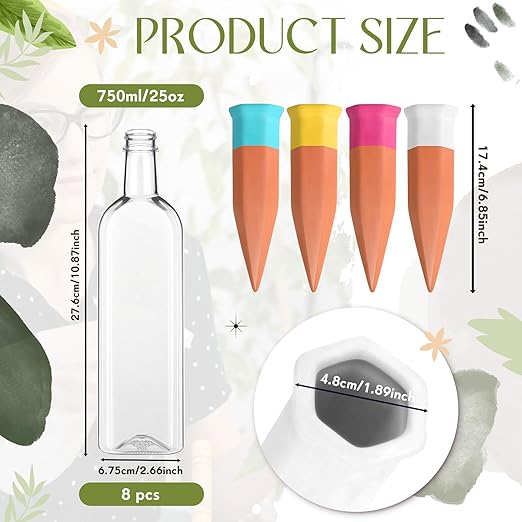 8 Pack Plant Watering Devices, Terracotta Self Watering Spikes with 25 oz Plastic Wine Bottles, Slow Release Plant Waterer Self Watering Planter for Vacation Indoor Outdoor Plant