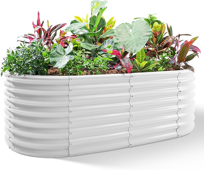Land Guard 24“ Tall 4×2ft Galvanized Raised Garden Bed Kit, Galvanized Planter Garden Boxes Outdoor, Oval Large Metal Raised Garden Bed for Vegetables(Pearl White, 4×2×2ft)