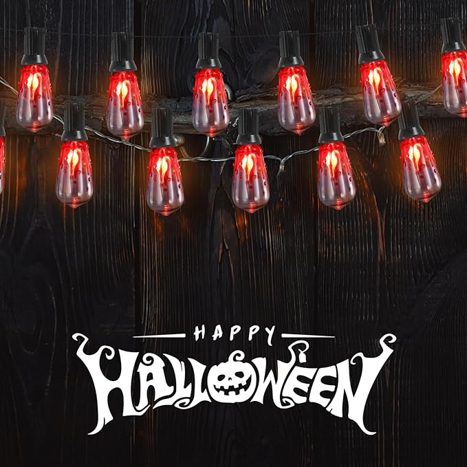 10FT Halloween String Lights Outdoor with 11 ST40 Flame Bulbs (1 Spare), Plug in Halloween Flaming Blood Drop Light Strings UL Listed for Patio, Backyard, Halloween, Party Decoration, E17 Base