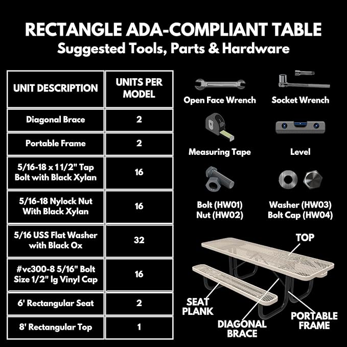 Heavy-Duty Portable ADA-Compliant Outdoor Picnic Table, Expanded Metal Patio Dining Furniture Made in America (8ft Rectangular, One-Side Handicap, Textured Gold Vein)