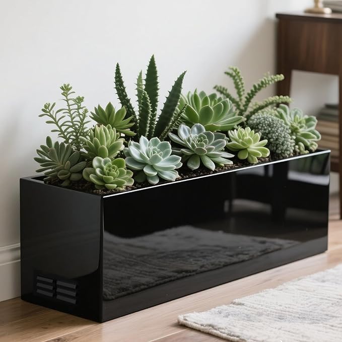 Worth Garden Metal Planter Box - 30" L x 11" W x 13" H Glossy Black Heavy Duty Large Rectangular Steel Modern Plant Pot, Indoor Outdoor - Insert Plate with Drain Holes, Air Vents, No Assembly Required